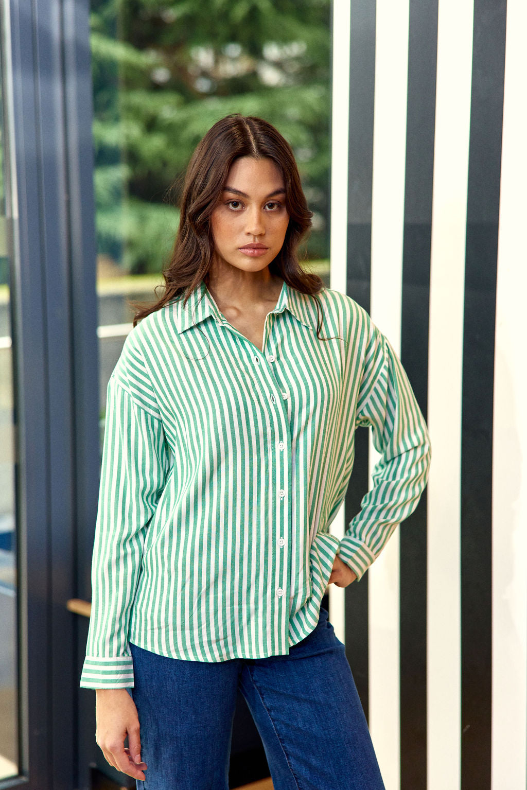 Clara striped blouse - Green/Ecru