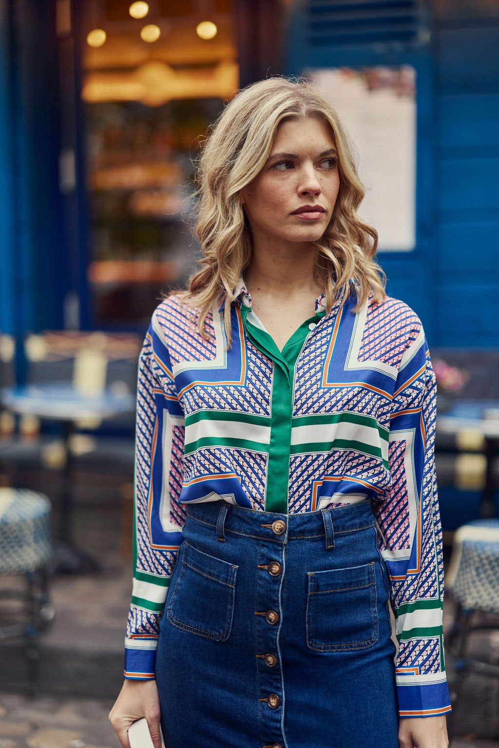 Clony satin Shirt - geometrical green