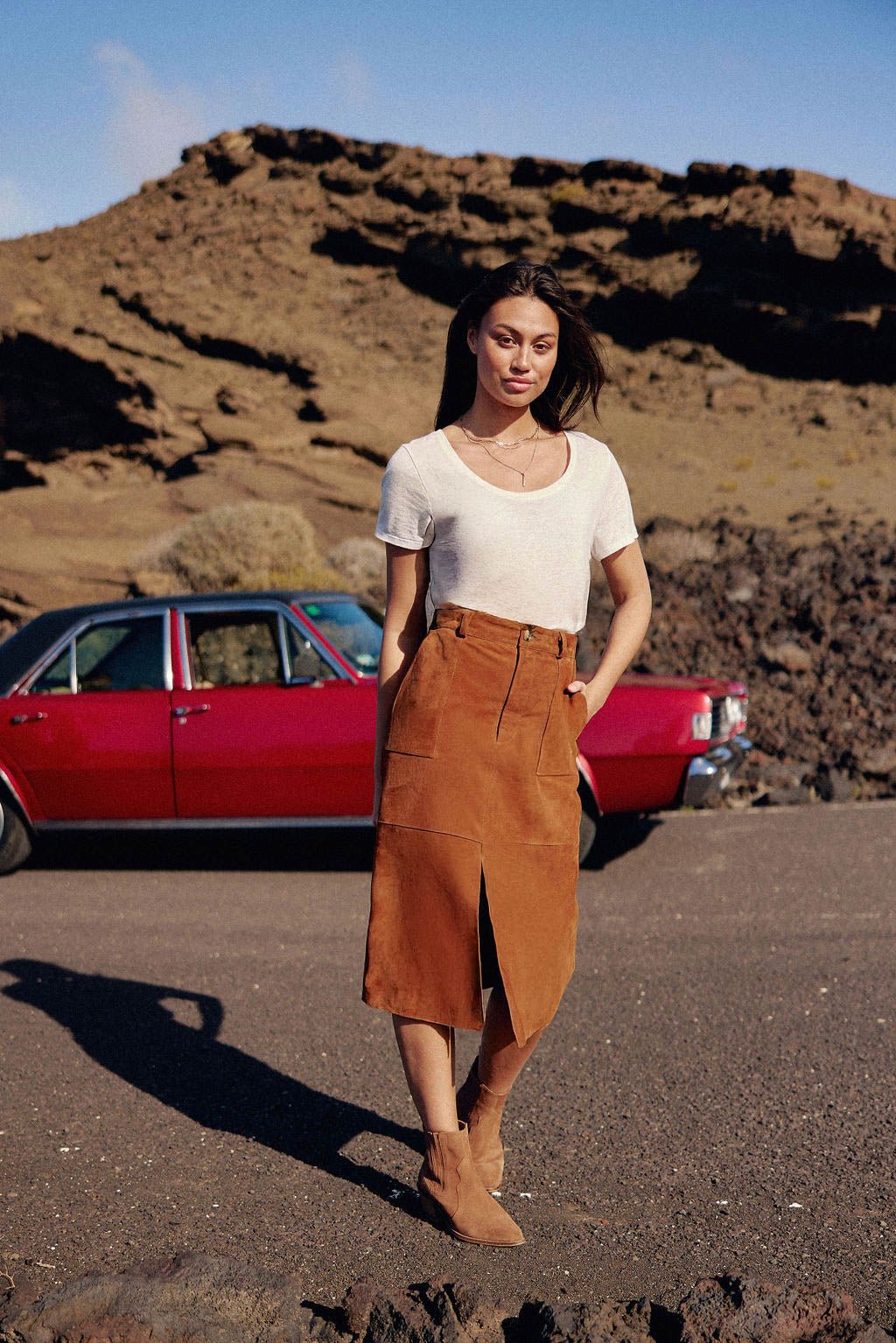 Camel leather midi skirt - Felicia