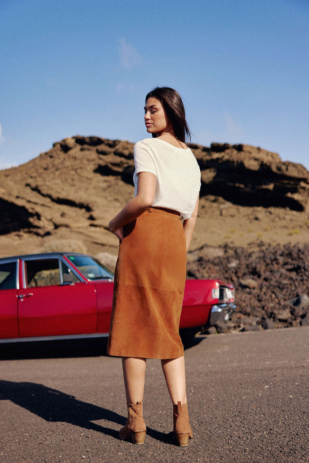 Camel leather midi skirt - Felicia