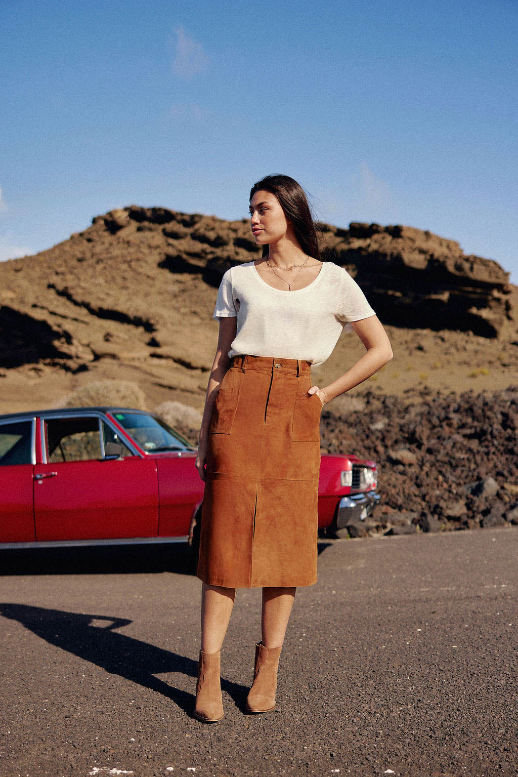 Camel leather midi skirt - Felicia