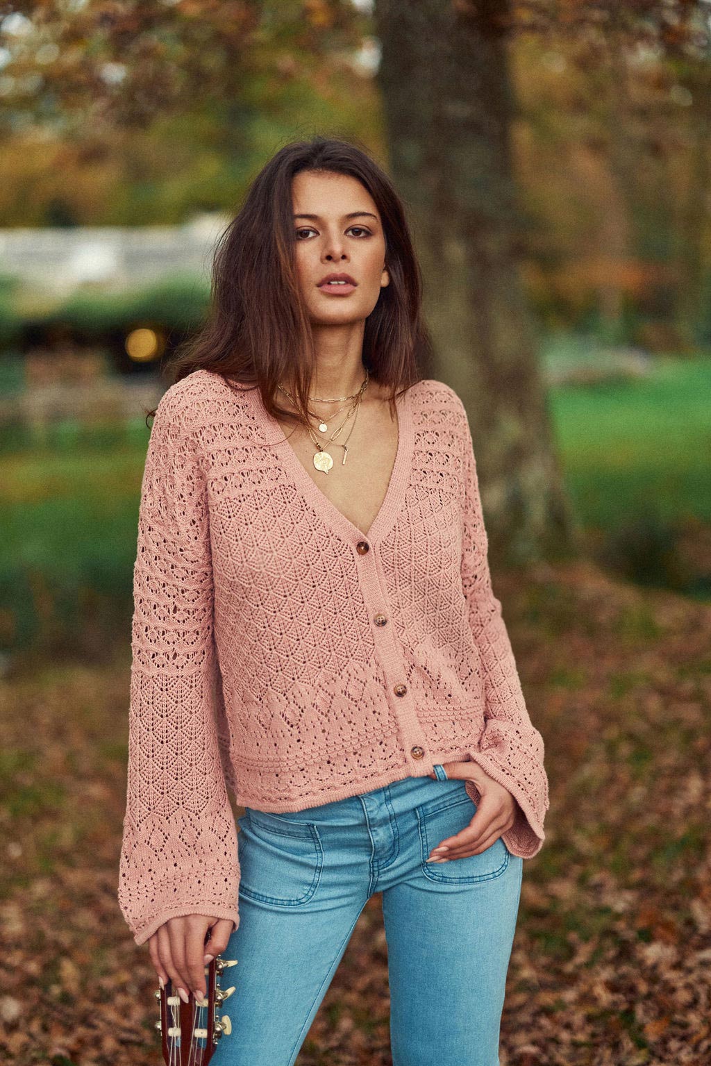 Gilet col V Mia - Rose poudrée