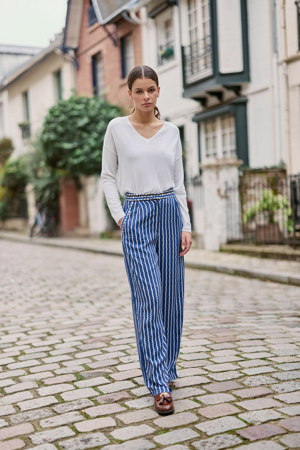 Pantalon droit Pauline - Géométrique bleu