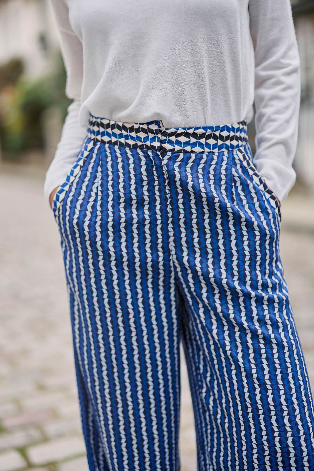 Pantalon droit Pauline - Géométrique bleu