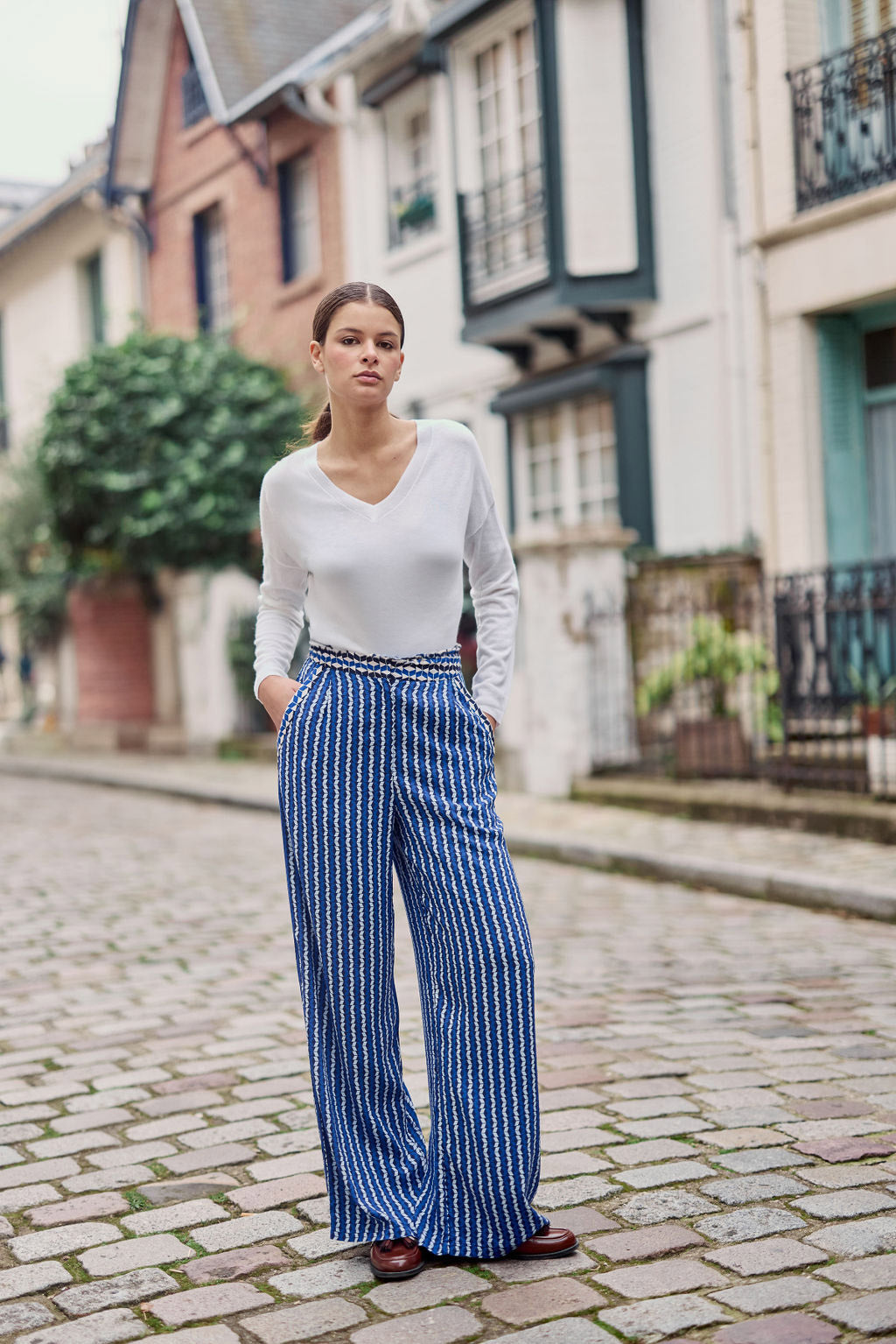 Pantalon droit Pauline - Géométrique bleu