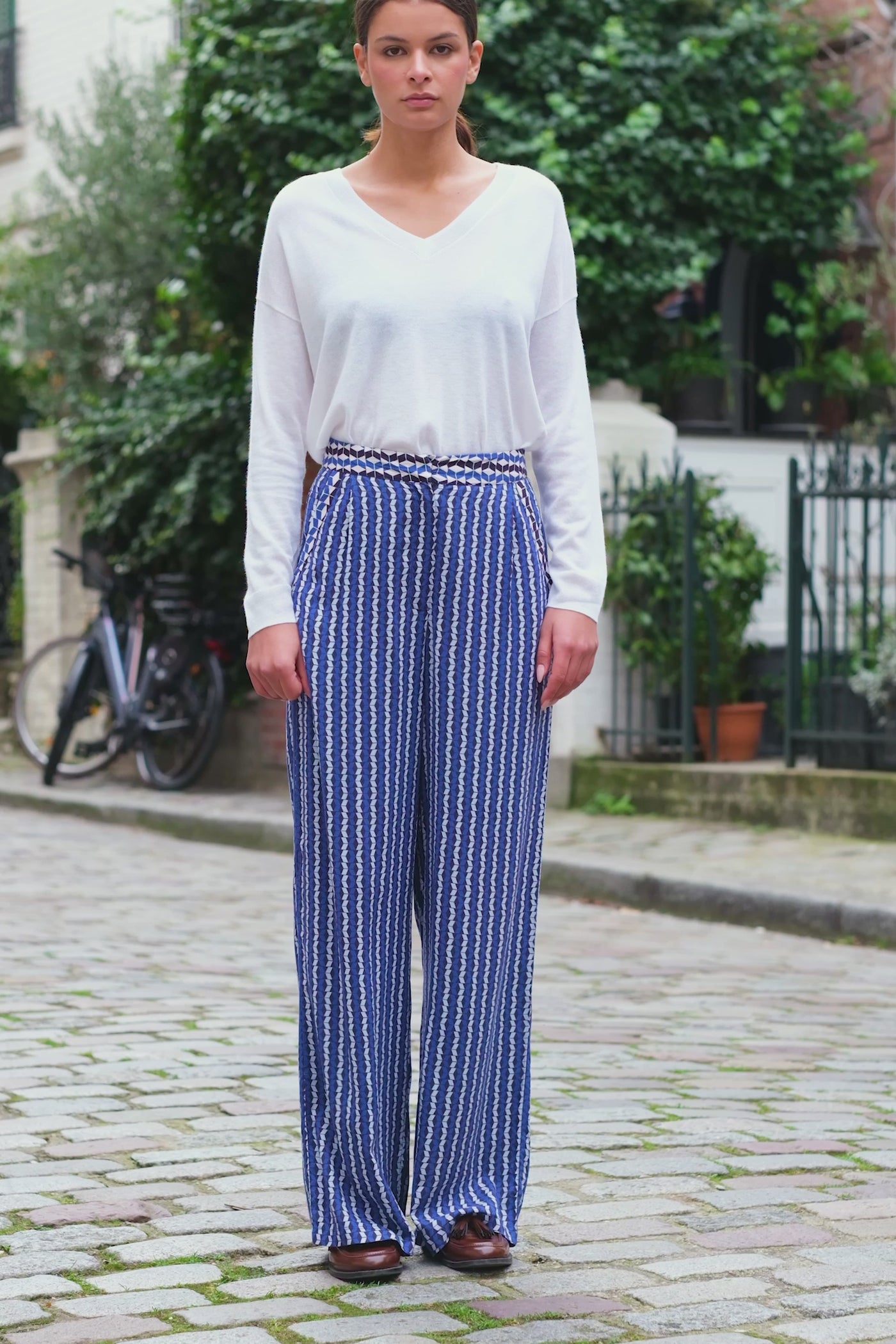 Pantalon droit Pauline - Géométrique bleu